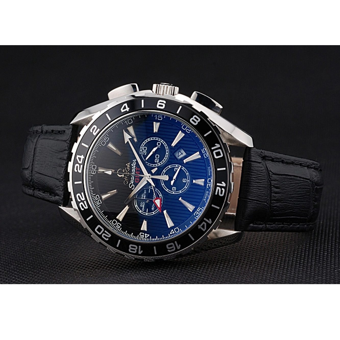 1014 Omega Seamaster Aqua Terra Chrono GMT Black Dial Black Leather Bracelet 622535